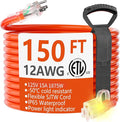 HUANCHAIN 150 ft Outdoor Extension Cord Waterproof 12/3 Gauge Heavy Duty with Lighted end, Flexible Cold-Resistant 3 Prong Electric Cord Outside, 15Amp 1875W 12AWG SJTW, Orange, ETL