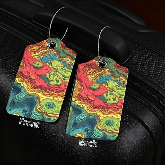 2Pcs Topographic Art Luggage Tags for Suitcases, 2.83x4.53 Abstract Map ID Labels with Privacy Cover, Colorful Layered Style Bag Tags for Backpacks, Travel Essentials for Men & Women, 2 Pack