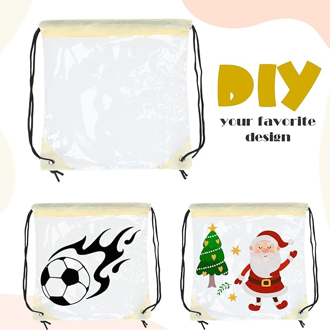 Shappy 30 Pcs Clear Drawstring Backpack, Plastic Waterproof Transparent Stadium Bags String Bag for Gym Travel (Beige)