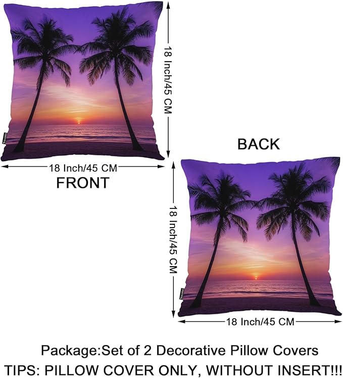 Swono Tropical Beach Throws Pillows Covers for Couch, Sunset Ocean Beach Palm Trees Decorative Pillow Cases for Men Women, Comfortable Pillow Cushion Cover Pack of 2 18"X18" for Home Sofa Bed Purple