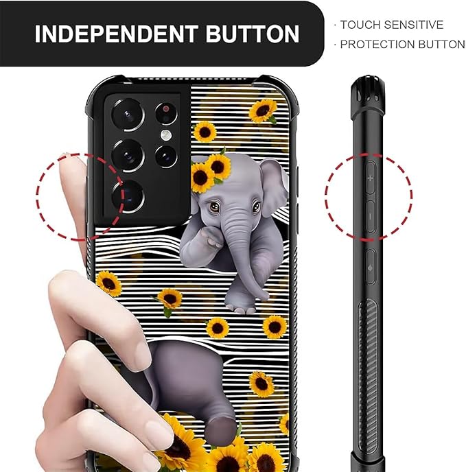 for Samsung Galaxy S21 Ultra Case, Cute Little Elephant Sunflower White Line Art Pattern Graphic Design Soft Silicone Hard Acrylic Shock Protection for Samsung Galaxy S21 Ultra