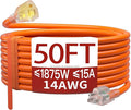 50 FT 14/3 Extension Cord Outdoor, Heavy Duty Weatherproof & Flame Retardant Orange 3 Prong Power Cord with Light, Outside for Lawn & Garden, 15 Amps 1875 Watts 125 VAC 14AWG SJTW, ETL Listed