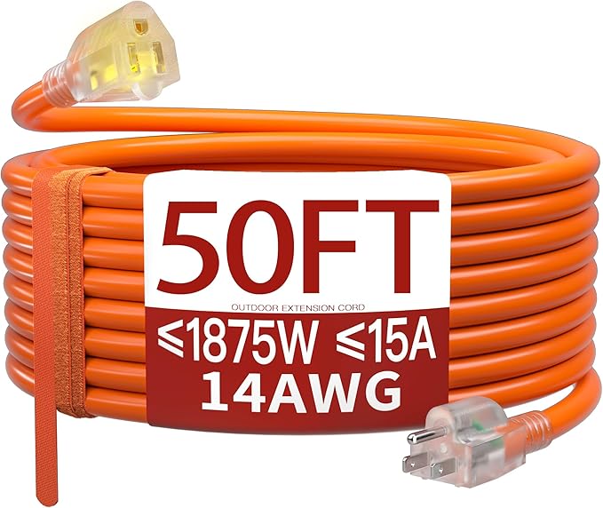 50 FT 14/3 Extension Cord Outdoor, Heavy Duty Weatherproof & Flame Retardant Orange 3 Prong Power Cord with Light, Outside for Lawn & Garden, 15 Amps 1875 Watts 125 VAC 14AWG SJTW, ETL Listed