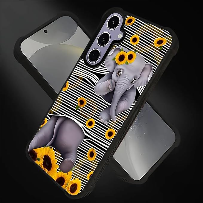 for Samsung Galaxy S24 S25 Case, Cute Little Elephant Sunflower White Line Art Pattern Graphic Design Girl Boy Soft Silicone Hard Acrylic Shock Protection for Samsung Galaxy S24 S25