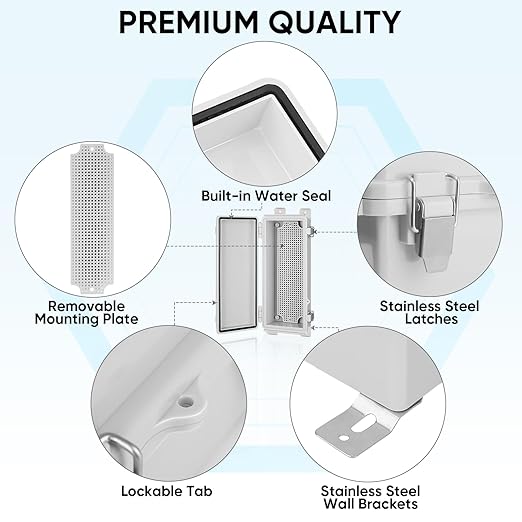 TICONN Outdoor Electrical Box Waterproof, Junction Box IP67 ABS Plastic Enclosure with Hinged Cover with Mounting Plate, Wall Brackets, Cable Glands (Off-White, 10.2"x4.3"x3.0")