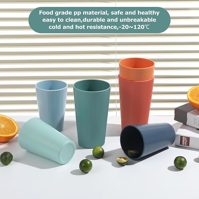 24 Pcs Unbreakable Plastic Cups Set, 20 oz Reusable Plastic Cups, Stackable Water Tumblers, Drinking Cup for Kitchen, Outdoor, BPA-free, Dishwasher Refrigerator and Microwave Safe (20 oz, 6 Colors)