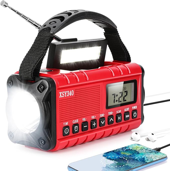 Emergency Weather Radio 10000mAh, Portable Radio with Solar Charging, Hand Crank & Battery Operated NOAA Alert, LCD Display, SOS Alarm, AM/FM & LED Flashlight, Clock Radio for Outdoor Emergency