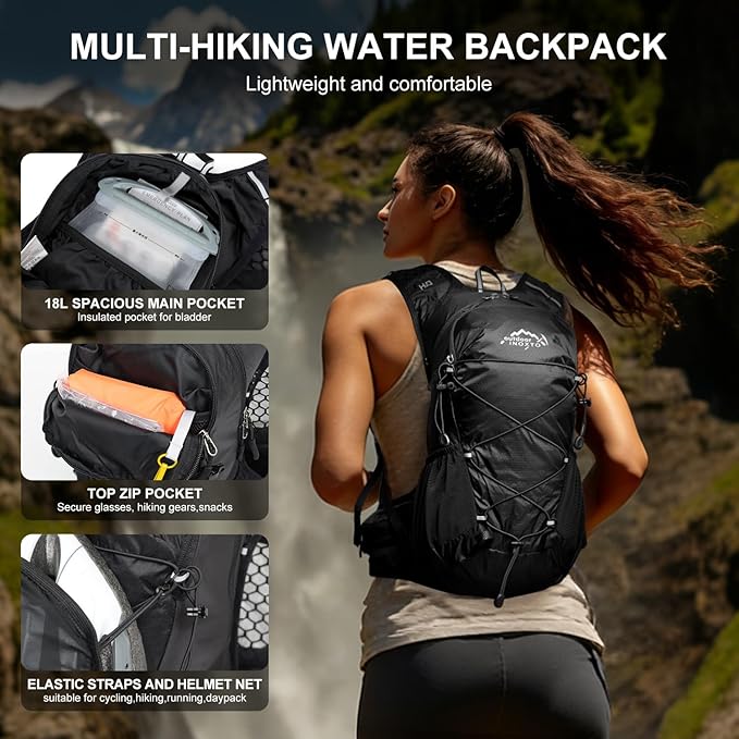 IX INOXTO Hydration Backpack, 18L Lightweight Hiking Backpack with 2L Water Bladder Daypack Women Men, Water Backpack Insulated Hydration Pack for Hiking, Running, Festival, Cycling