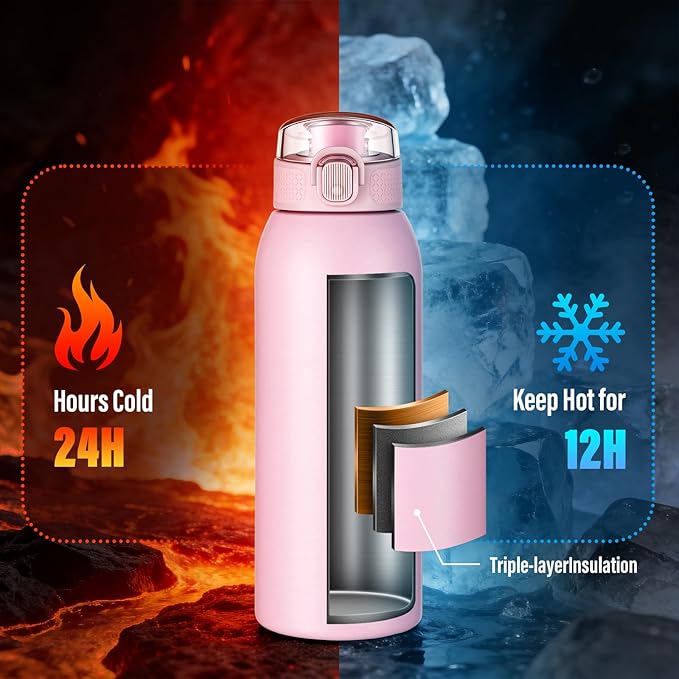 Insulated Water Bottle 18 oz with Dustproof Lid, Carry Handle & Tea Infuser, BPA-Free & Leakproof, Stainless Steel Water Bottles Ideal for Fitness, Hiking, Office & Outdoor Use （Water Pink）