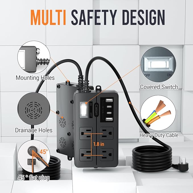 15FT Outdoor Waterproof Power Strip Surge Protector with 4AC Outlets 4USB Ports Power Switch Safety Lock, ETL Certified for Patio Garden Charging