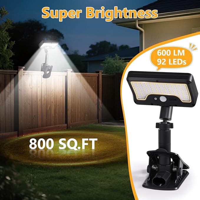 Clip On Solar Lights Outdoor with Motion Sensor, 360°Rotatable & Vertically Adjustable Solar Fence Lights with 92 LEDs (600 LM, 6000 K),IP65 waterproof Security light for deck, Gutter, Camping(4 Pack)