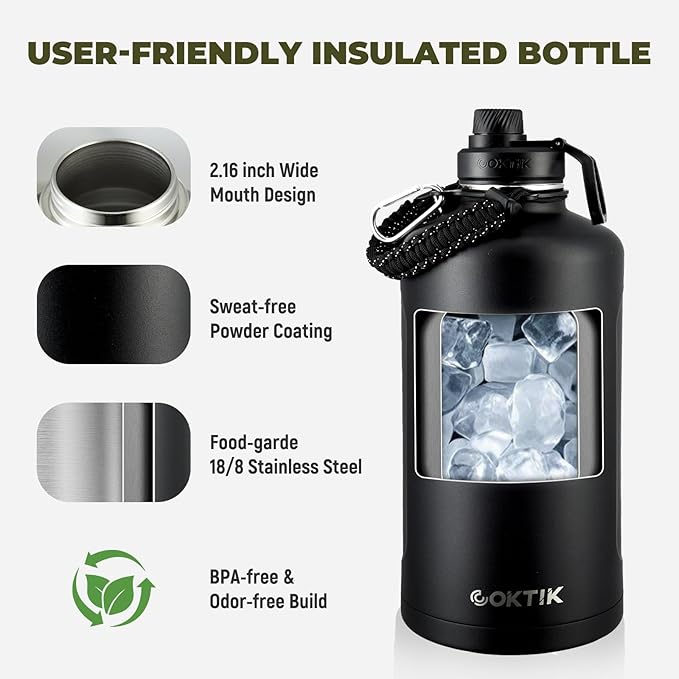 COKTIK 128oz Insulated Water Bottle - Stainless Steel Vacuum Metal, Portable 1 Gallon Large-Capacity Sports Bottle with Straw, Carry Bag and Handle Strap, Ideal for Gym & Hiking(Black)