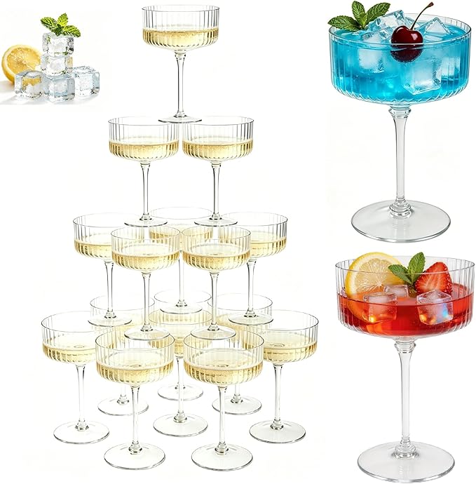 PLULON 12 Pcs Clear Martini Glasses Set 10 Oz Plastic Ribbed Coupe Glass, Cocktail Glasses Champagne Cup Tower Vintage Margarita Glassware for Cocktail Wine Bar Drinking Wedding Party Outdoor Events