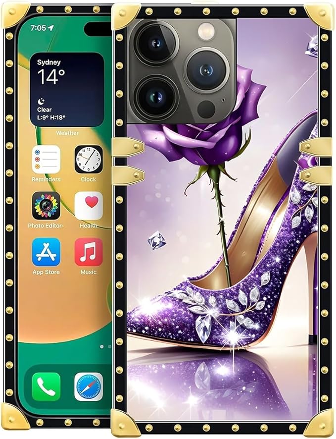 Compatible with iPhone 14 Pro Case, High Heeled Purple Diamond Rose Luxury Golden Decoration for Girl Women Soft TPU Shockproof Protective Hard PC Back for iPhone 14 Pro