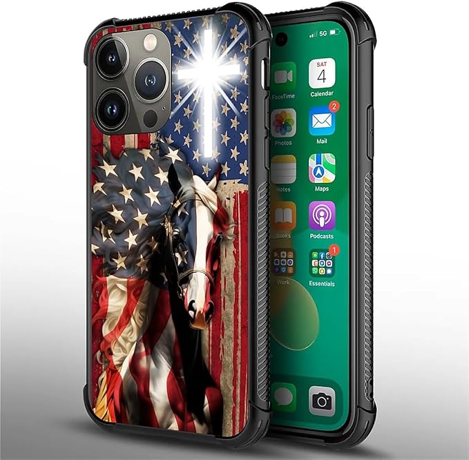 for iPhone 14 Pro Case, Red American Flag Horse Cross Pattern Graphic Design Girl Boy Soft Silicone Hard Acrylic Shock Protection for iPhone 14 Pro