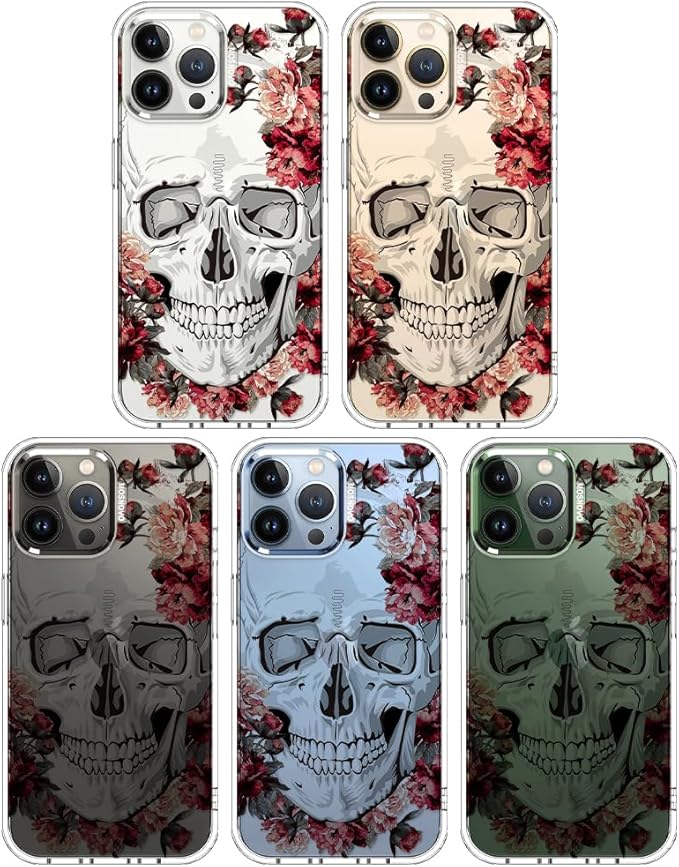 MOSNOVO Case for iPhone 13 Pro Max, [Buffertech 6.6ft Military-Grade Drop Protection] [Anti Peel Off Tech] Clear TPU Bumper Phone Case Cover Design - Red Flower Skull