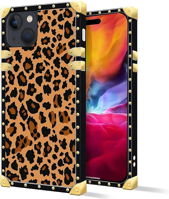 Compatible with iPhone 15 Case, Brown Leopard Texture Luxury Golden Decoration for Girl Women Soft TPU Shockproof Protective Hard PC Back for iPhone 15