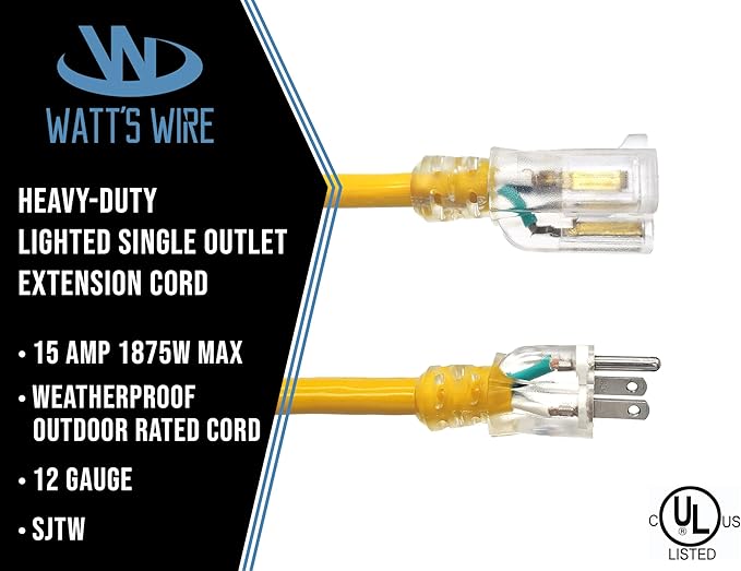 25 ft Outdoor Extension Cord Waterproof - 12 Gauge Heavy Duty Extension Cord 25 ft - Lighted Outdoor Extension Cords - Watts Wire - 25' Grounded - extensiones electricas
