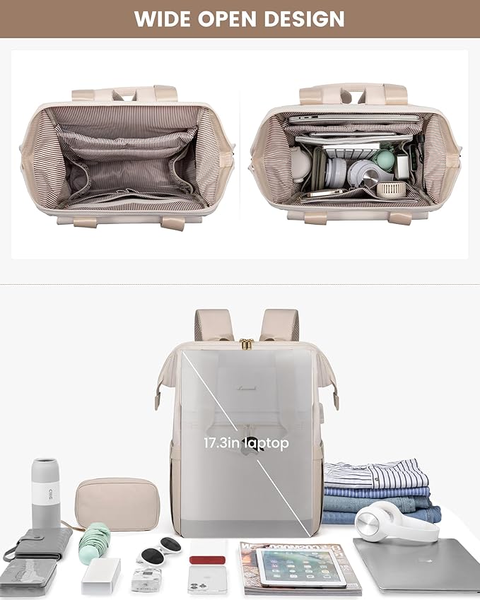 LOVEVOOK 17.3 Inch Laptop Backpack for Women, Large Capacity Travel Backpack with Organizer Bag, Waterproof Carry on Backpack Purse Work Bag with USB Port for Teacher Nurse, Beige-Nude