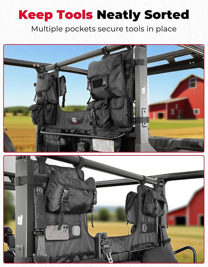 KEMIMOTO UTV Storage Bag, Seat Back Rack Compatible with Polaris Ranger/Can-Am Defender/CFMOTO Uforce, 8-Pocket, 1680D Water-Resistant Canvas Storage for Hunting, Farm & Travel, Seat Storage System