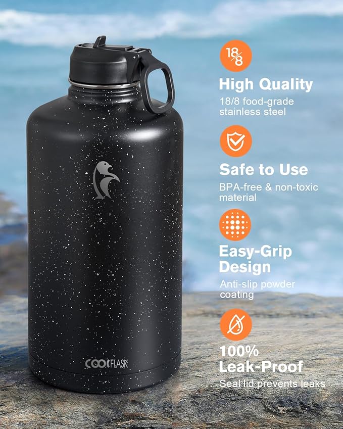 Coolflask 128 oz Gallon Water Bottle Insulated with Straw&3 Lids, Water Jug Large Stainless Steel Metal Vacuum Wide Mouth for Sports, Gym or Office, Non-BPA Keep Cold 48H Hot 24H, Starry Night
