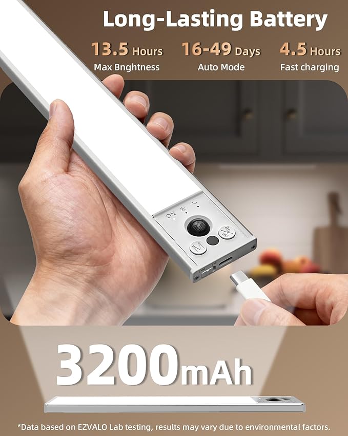 EZVALO 12-inch Under Cabinet Lighting, 3200mAh Rechargeable Motion Sensor Light Indoor, with Dimmable & 3 Color Temps, Magnetic Closet Lights, Wireless Under Counter Lights for Kitchen, Stairs(4-Pack)