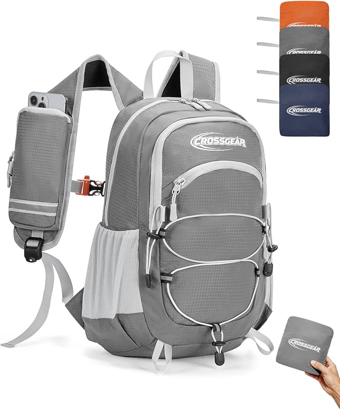 CROSSGEAR Packable Hiking Backpack, 24L RFID Lightweight Foldable Daypack, Nylon Fabric, Multiple Pocket, Water-Resistant for Men Women Travel Outdoor, Gray