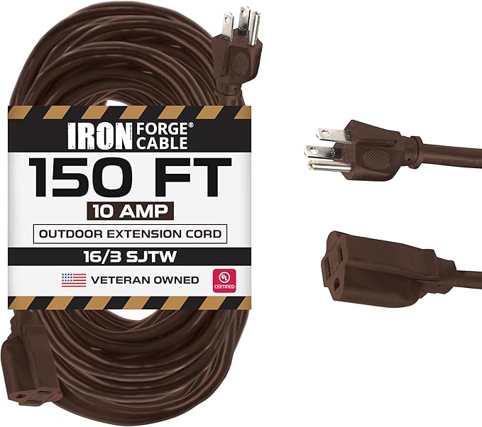 Iron Forge Cable Outdoor Brown Extension Cord 150 ft - 16 Gauge 10 Amp Heavy Duty Brown Outdoor Extension Cords 3 Prong - 16/3 SJTW Great for Outdoor