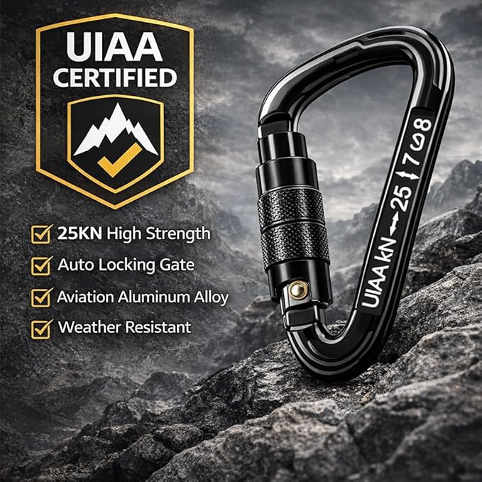 Auto Locking Carabiner Heavy Duty Carabiner 25kN UIAA Certified Climbing Carabiner Climbing Equipment Safety Carabiners for Rappelling, Hammocks, Rescue, Dog Leash, Swing