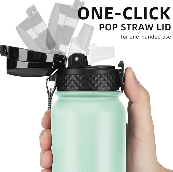 Fanhaw 20 oz Insulated Stainless Steel Water Bottle with Straw Lid, Leakproof & Anti-Dust Sports Bottle for Kids, Women & Men (Green Pink)