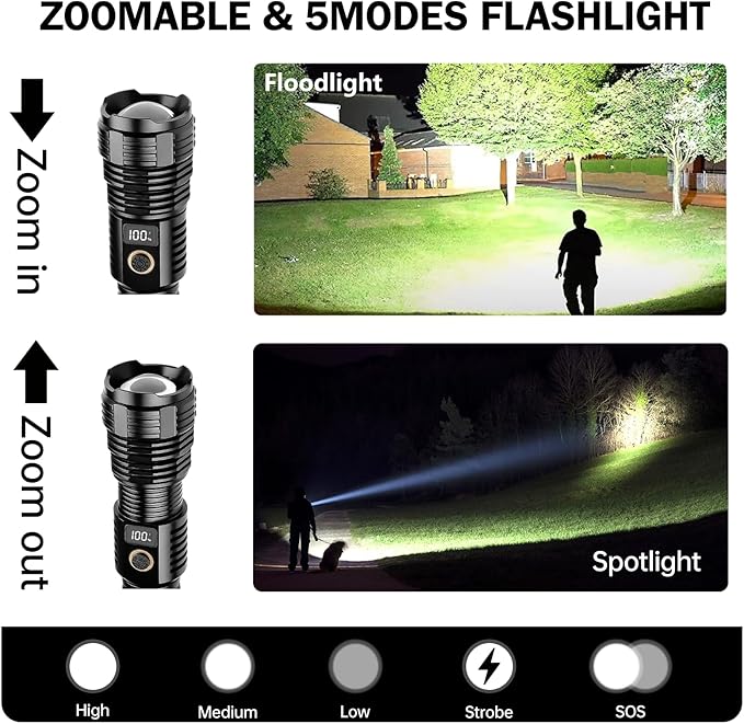 Flashlights High Lumens Rechargeable, 100,000LM LED Super Bright Flash Light, Zoomable Linternas with LCD Digital Display, 5 Mode, Waterproof, Powerful Tactical Flashlight for Emergencies Camping Gift