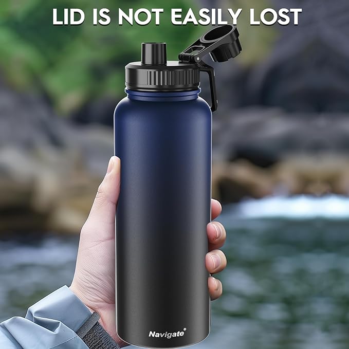 Navigate 40 oz Insulated Stainless Steel Sports Water Bottle with Spout & Handle Lids,Wide Mouth Water Jug with Double Walled Leak Proof Keep Cold for 24 Hrs Hot for 12 Hrs,Blue to Black