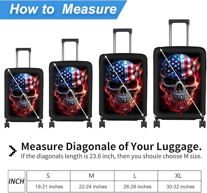 Luggage Cover Protector for 26-28 Inch Suitcases, TSA Approved Elastic Travel Suitcase Covers, Anti-Scratch Washable Luggage Sleeve for Carry On & Checked Bags, Skull American Flag
