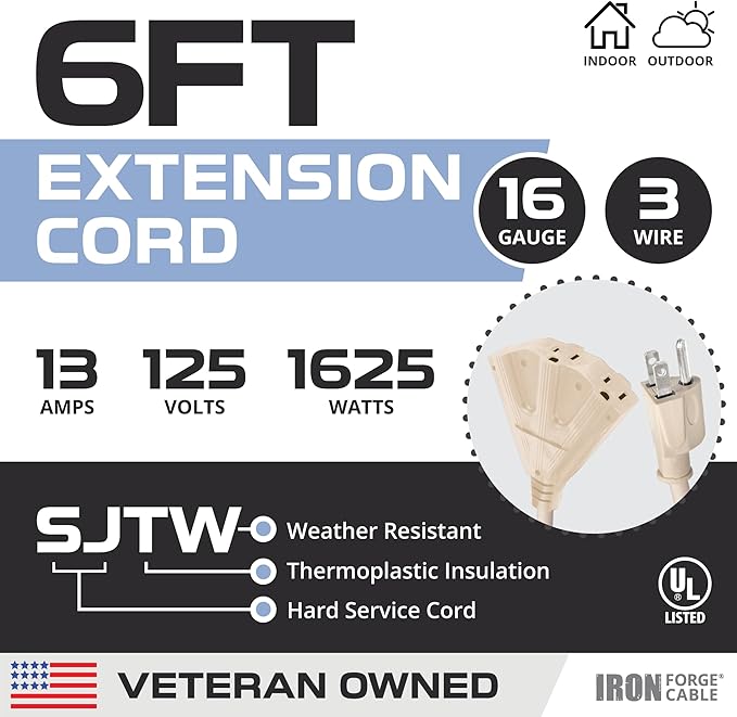 Iron Forge Cable Weatherproof 6 Ft Outdoor Extension Cord - 3 Outlet 16/3 SJTW Heavy Duty Light Brown Extension Cord 3 Prong - 13 Amp Power Cable