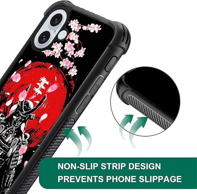 for iPhone 16 Plus Case, Sakura Japanese Samurai Pattern Graphic Design Girl Boy Soft Silicone Hard Acrylic Shock Protection for iPhone 16 Plus