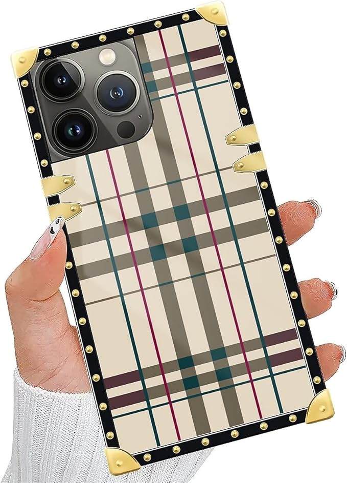 Compatible with iPhone 15 Pro Max Case, Black Red Beige Stripes Luxury Golden Decoration for Girl Women Soft TPU Shockproof Protective Hard PC Back for iPhone 15 Pro Max