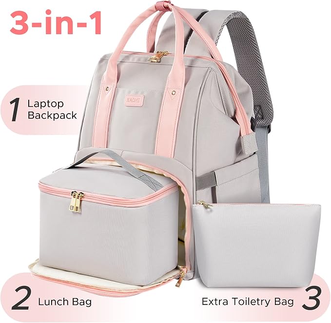 Kaome Lunch Backpack 15.6 Inch Laptop Backpack for Women with USB Port Nurse Gift Teacher Work Backpack Cooler Insulated Lunch Bag Waterproof Daypacks for Work Picnic Travel Anti-theft