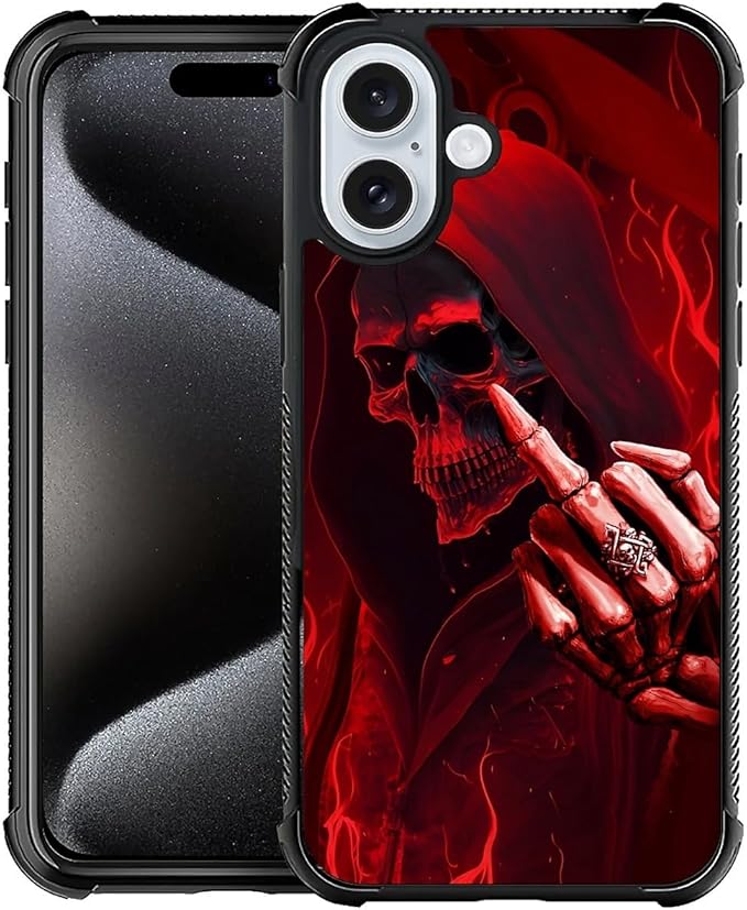 for iPhone 16 Plus Case, Gestures Funny Skull Pattern Graphic Design Girl Boy Soft Silicone Hard Acrylic Shock Protection for iPhone 16 Plus