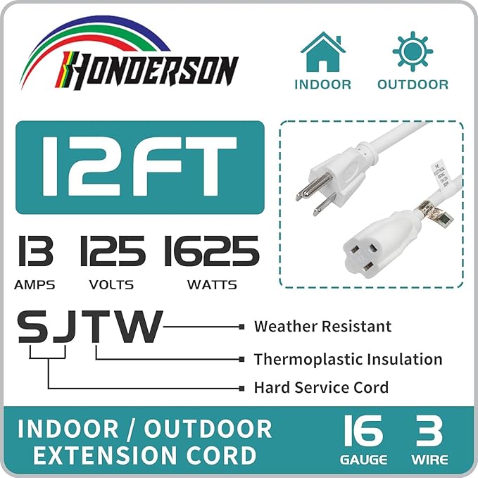 Indoor Outdoor Extension Cord Weatherproof, UL Certified, 16 Gauge 12FT White 3 Prong Heavy Duty, 16/3 SJTW 13A Power Cord for Outdoor Lights, Appliances, Lawn