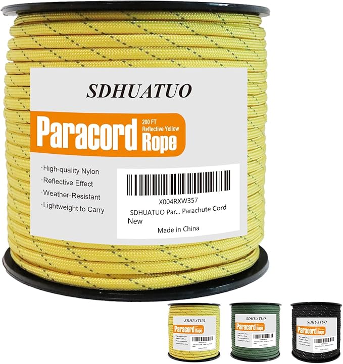 SDHUATUO Paracord Rope 200FT, 550lb Type III Nylon Parachute Cord 7-Strand Core with Reflective Strips, Utility String for Survival, Camping Gear, Hiking, DIY, Crafting, Outdoor, Yellow