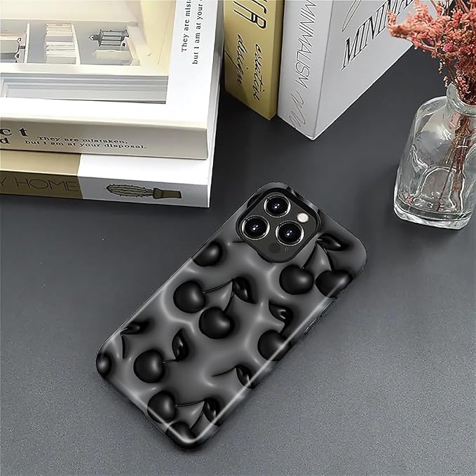 for iPhone 16 Pro Case,HL2 Cute Cool Cherry Black Hybrid 2 Layer Hard Shell Silicone Protective Pattern Design Case