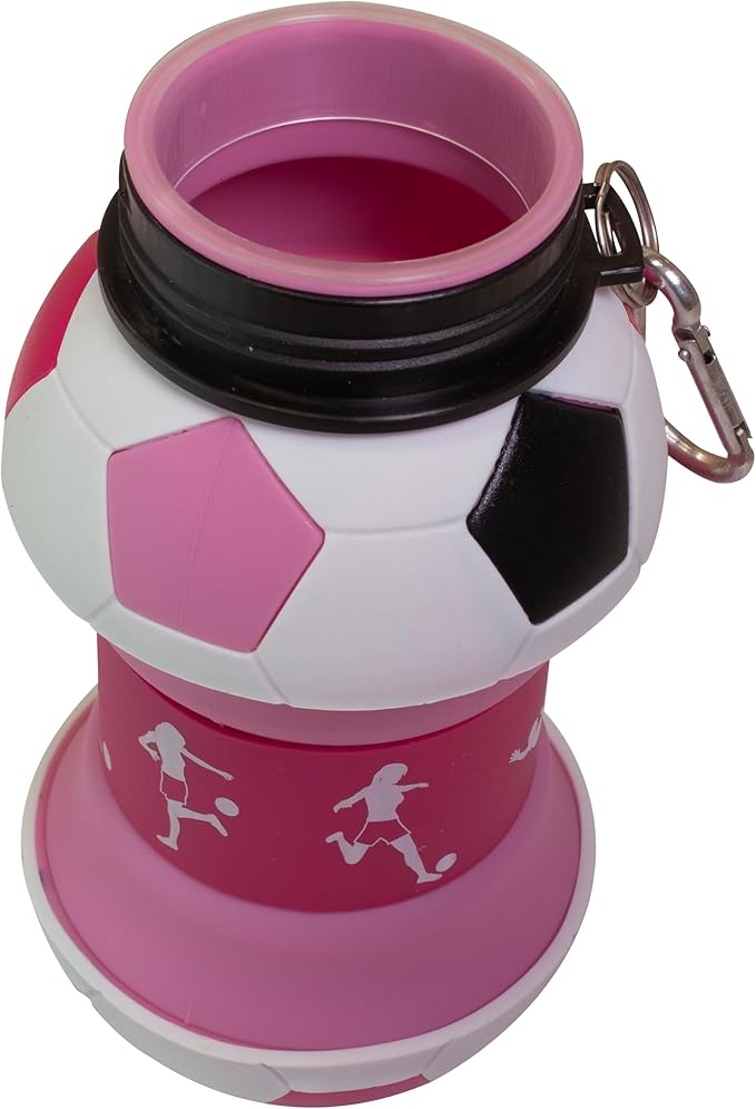 Maccabi Art Clip-On Collapsible BPA-Free Silicone Pink Soccer Ball Water Bottle for Kids, 18 Oz. Size