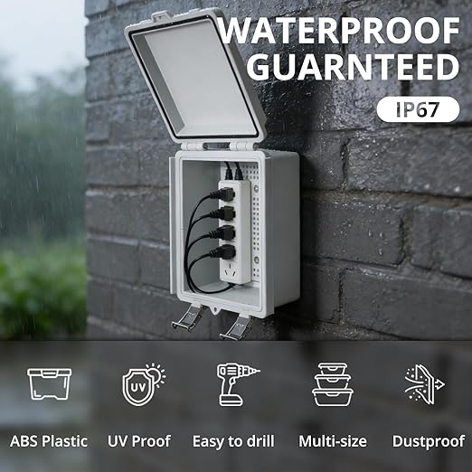 MAKERELE Small Waterproof Electrical Box Outdoor IP67 ABS Plastic Enclosure with Mounting Plate,Hinged Grey Cover,Wall Bracket,Stainless Steel Buckle and 1/4" NPT*2 (5.9"×3.9"×2.7")