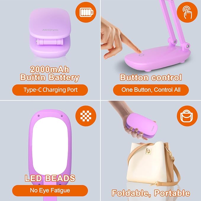 Akejrym LED Desk Lamp for Office Home & Battery Operated Lamp Rechargeable Lamp Foldable & Portable Light, [2-Fold Bracket] 3 Brightness Dimmable Small Desk Lamp Wireless Reading Lamp (Purple)