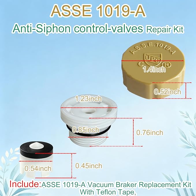 Vacuum Breaker Replacement Kit, ASSE 1019‑A Anti‑Siphon Repair Parts for Frost‑Free Outdoor Sillcock Hose Bib Faucet, Complete Repair Set with O‑Rings and Teflon Tape (1 Pack)