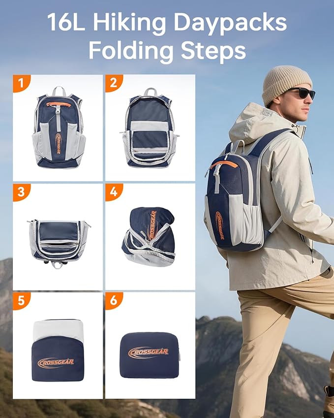 16L Small Hiking Backpack, CROSSGEAR Lightweight Waterproof Foldable Backpack, Travel Camping Outdoor Daypack for Women Men, Navy Blue