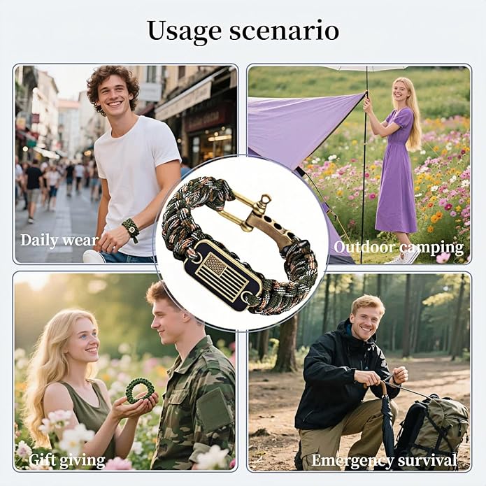 Patriotic Paracord Survival Bracelet for Men - Bronze US Flag Pendant Tactical Gear with Multi-Tool Functions, Adjustable Size (12-25cm), Green Camo Gold Thread Design