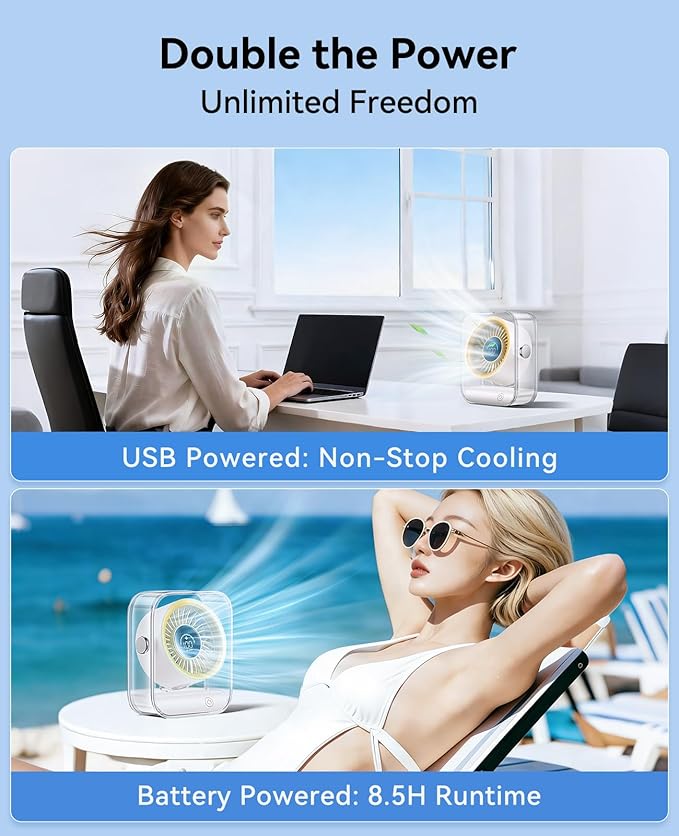 DIGIX Portable Desk Fan for Bedroom, Rechargeable Small Table Fan with 100 Speeds, 90° Rotation, Turbo Airflow, LED Display, Quiet Personal USB Cooling Fan for Office Home Travel Camping, Yellow