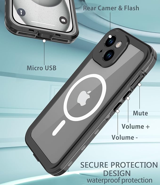 for iPhone 15 Case Waterproof,Shockproof Dustproof IP68 Waterproof iPhone 15 Case Built-in Screen Protector Charging Magnetic Ring for iPhone 15 Cover Black