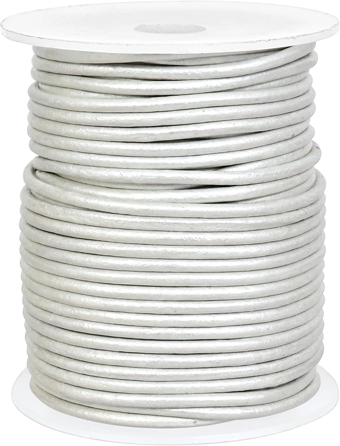 GENIQUE Real/Genuine Round Leather String Cord for Necklace, Bracelets, Jewellery, Braiding (2mm, Pearl White Metallic)